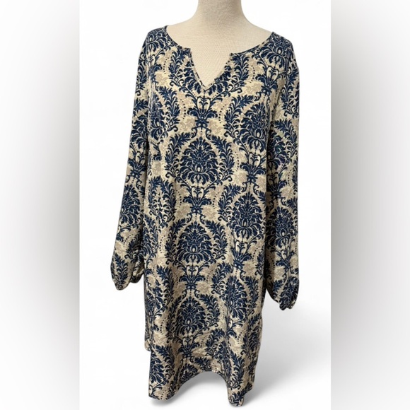 SHEIN LUNE Notched Neckline Lantern Sleeve Blue & Cream Patterned Dress Size XL - Picture 1 of 3